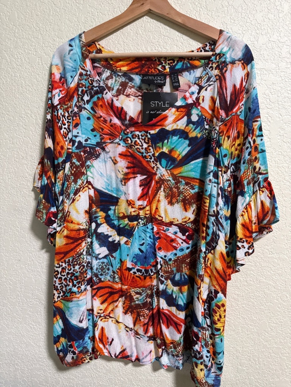 NWT Attitudes by Renee Butterfly Leopard Print V-Neck Ruffle Blouse